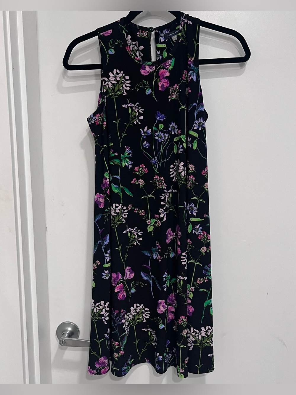 Tommy Hilfiger Black Sleeveless Midi Dress Purple Green Floral Size 4 Botanical